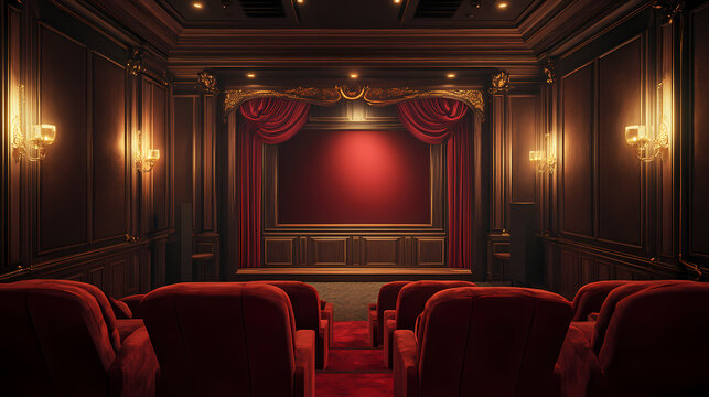 3d render ofa home with a fence and a home theater with exquisite wallpaper.,photo realistic, high resolution photography, photographed in the style photography. Exquisite. Illustration