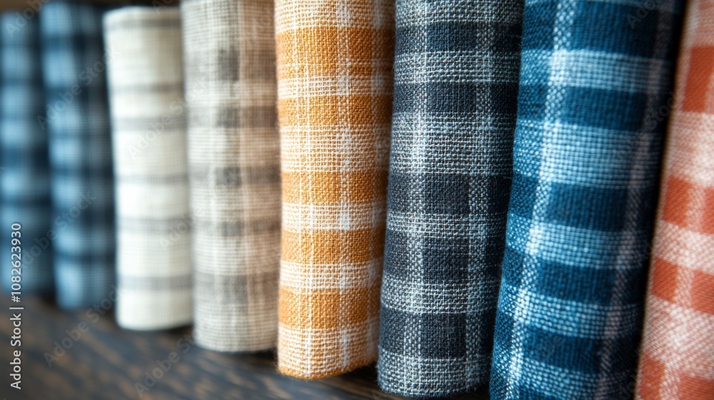 Aufkleber brightly colored plaid fabrics are neatly arranged on a wooden shelf, displaying a variety of patter