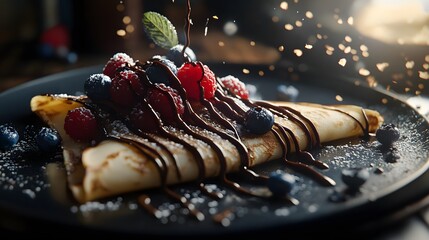 A true-to-life image of a delicate crepe with a drizzle of chocolate sauce and fresh berries, capturing the soft, thin texture. Cinematic Scene, 4k resolution, cinematic scene