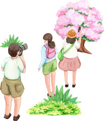 Hand-drawn Woman taking her freinds a photo in garden