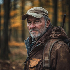Fototapeta premium A rugged hunter in the autumn forest with rifle and revolver at twilight