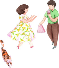 Hand-drawn Couple sharing Ice Cream in Park with Cat