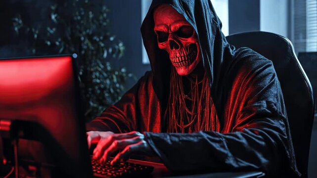 Grim Reaper figure hacking online, committing digital wallet fraud, eerie and terrifying