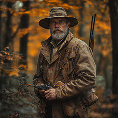 A rugged hunter in the autumn forest with rifle and revolver at twilight