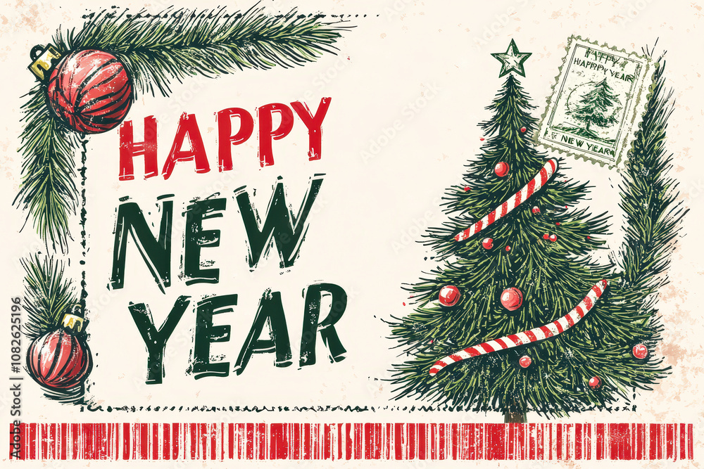 Poster a vibrant new year greeting showcases a beautifully adorned tree with colorful ornaments and a cheer