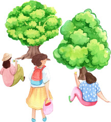 Hand-drawn people sitting in park and look at tree
