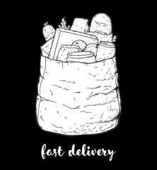 Paper shopping bag products grocery hand drawn illustration. Grocery delivery concept. Organic food vector illustration. Grocery shopping. Grocery supermarket.	