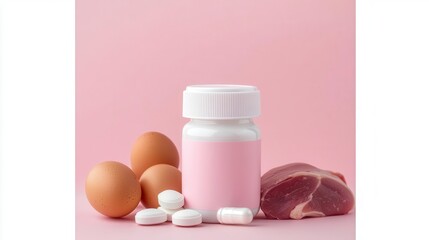 Flatlay of vitamin B12 supplements next to dairy products, lean meats, and eggs, promoting nervous system health