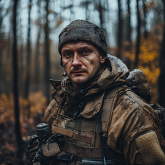 Fototapeta premium Soldier in camouflage gear stands in a forest during autumn foliage