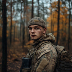 Obraz premium Soldier in camouflage gear stands in a forest during autumn foliage