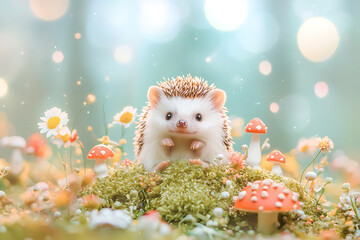 Obraz premium hedgehog sitting in patch of soft moss, surrounded by colorful mushrooms and flowers, creates whimsical and enchanting scene. soft bokeh background adds magical touch