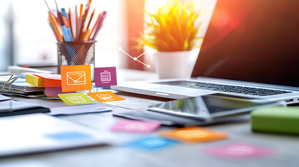 modern office desk with laptop, stationery, and colorful sticky notes. workspace is bright and organized, featuring plant and digital icons for productivity