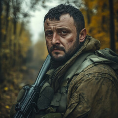 Obraz premium Soldier in camouflage gear stands in a forest during autumn foliage
