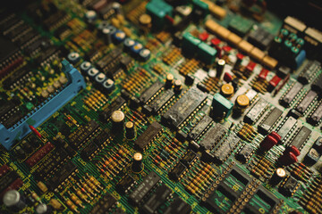 A close up of a computer board with many small components. Concept of complexity and intricacy, as the various parts are densely packed together. The viewer can see the individual components