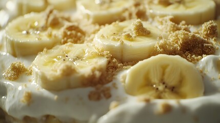 A close-up of a traditional Southern banana pudding with layers of vanilla wafers, creamy pudding, and sliced bananas. Cinematic Scene, 4k resolution, cinematic scene