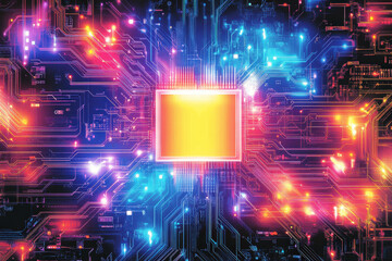 Obraz premium A brightly colored digital circuit board features a central processing unit surrounded by glowing elements, creating a dynamic tech atmosphere