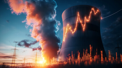 silhouette of nuclear power plant cooling tower with glowing graphs, smoke, and power lines at sunset creates dramatic scene of energy production