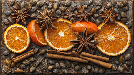 Fototapeta premium Dried orange slices, star anise, and cinnamon sticks are displayed together, creating an inviting and aromatic seasonal decoration