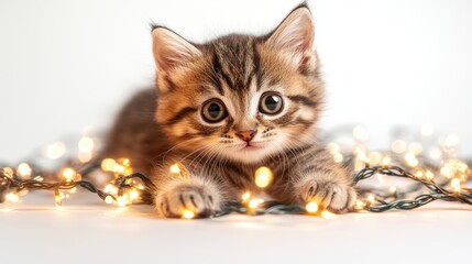 A cute kitten playing with Christmas lights. Generative AI