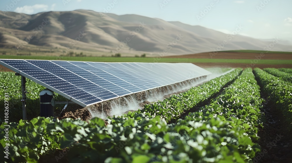 Poster a solar-powered irrigation system in a remote agricultural field, showing alternative energy use in 