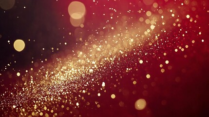 Motion Abstract Background of Glittering gold Particles with lens flare, Defocused gold Particles on red Background. Christmas and Celebration Chinese new year background.