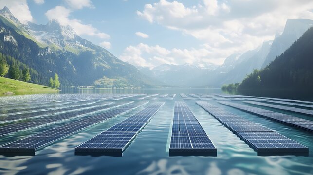An expansive view of a lake with floating solar panels, blending water conservation with renewable energy innovation. Cinematic Scene, 4k resolution, cinematic scene