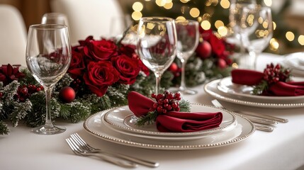 A festive table setting for Christmas dinner, isolated white background. Generative AI