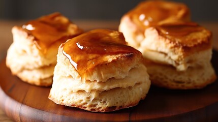 Close-up of freshly baked flaky biscuits topped with a thick glossy honey or syrup glaze on a wooden platter.