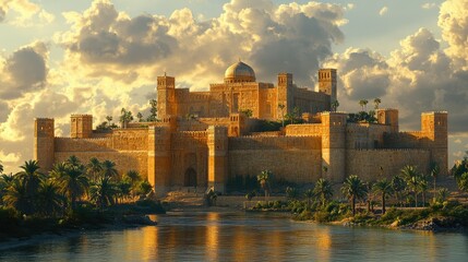 An ancient, fortified castle sits on a hilltop overlooking a calm river, with a golden dome and palm trees surrounding it.  The setting sun casts a warm glow on the scene.