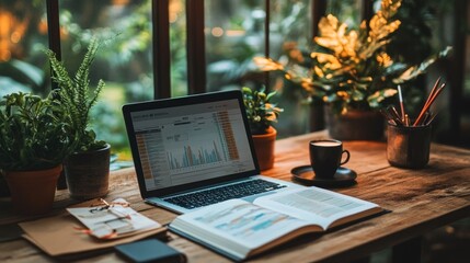 A laptop with an open book and a cup of coffee on a wooden table, surrounded by plants.