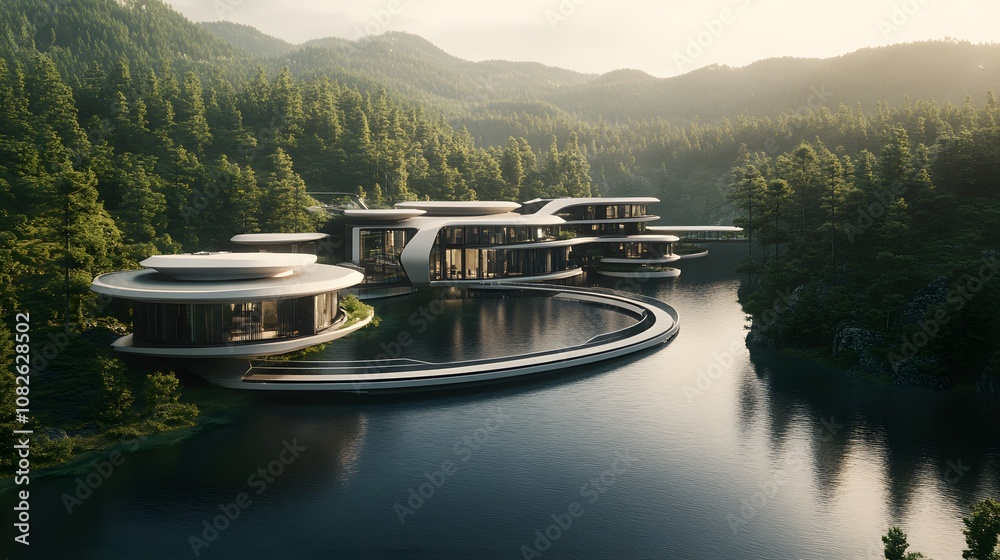 Poster a hyper-modern estate with hovering architectural elements, perfectly symmetrical and overlooking a 