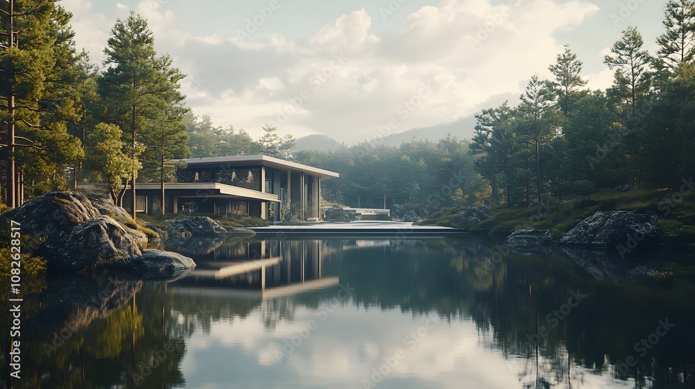 Poster A hyper-modern estate with hovering architectural elements, perfectly symmetrical and overlooking a serene lake surrounded by forests. No text, no logo, wide angle shot, Cinematic Scene, 4k