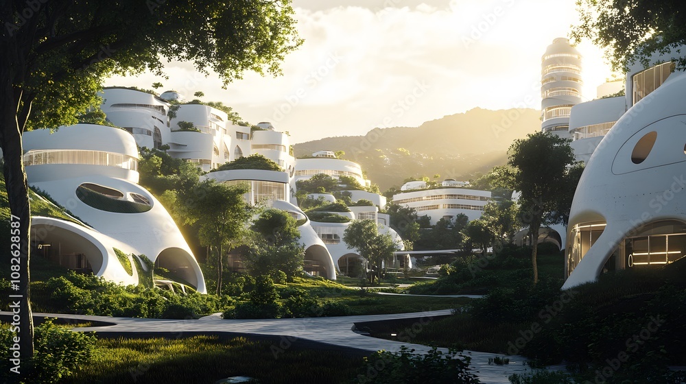 Poster an advanced real estate complex with buildings that curve organically into the landscape, reflecting