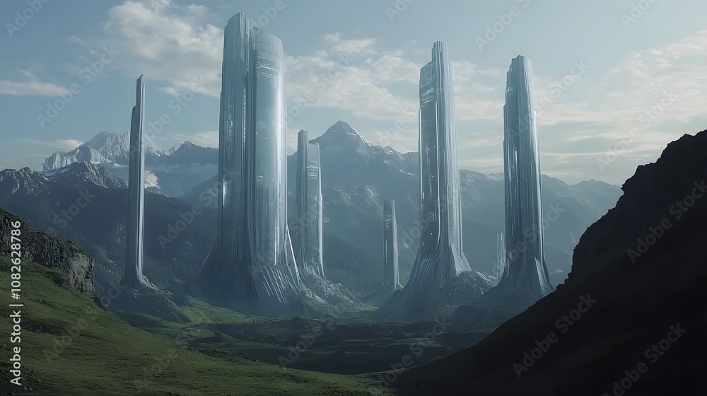 Poster a sci-fi city featuring futuristic towers, each reflecting the surrounding mountain range and open l