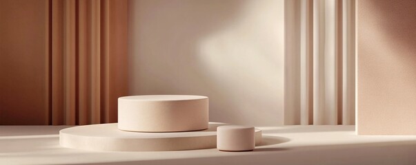 Fototapeta premium Minimalist cream-colored cylindrical product display podiums on a stage with elegant curtains and soft shadows