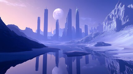 A sci-fi city featuring futuristic towers, each reflecting the surrounding mountain range and open landscape. No text, no logo, wide angle shot, Cinematic Scene, 4k resolution, cinematic scene