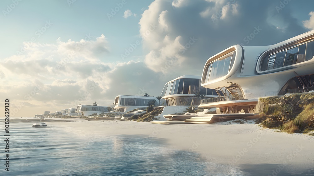 Poster a coastal community with smart housing units designed symmetrically along the beach, integrating fut