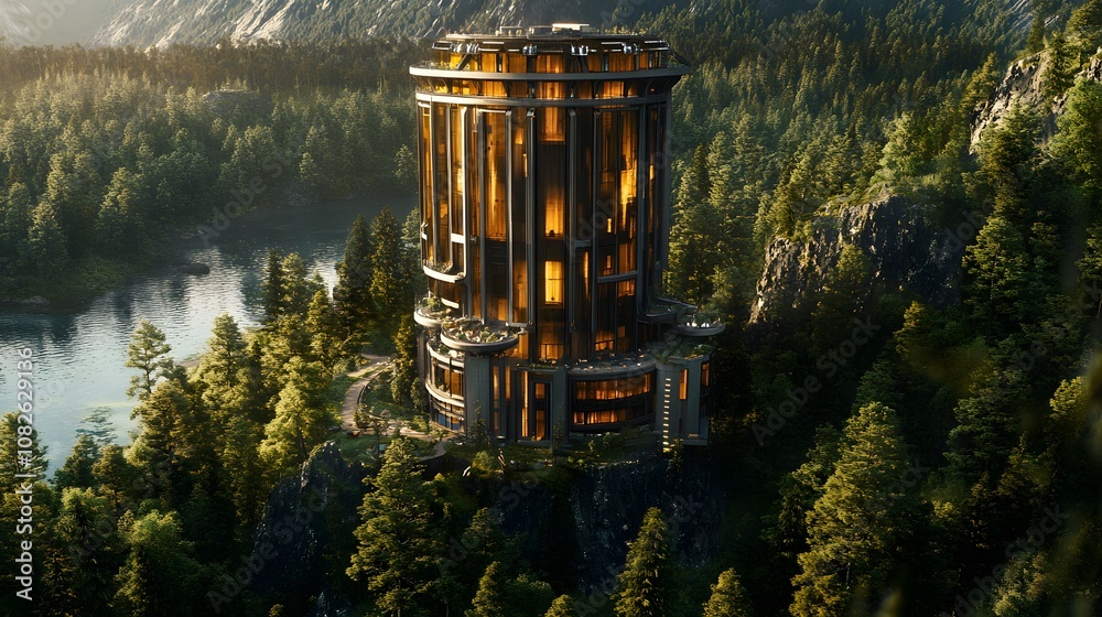 Poster a high-tech residential tower with symmetrical design elements, located in a remote forested area wi
