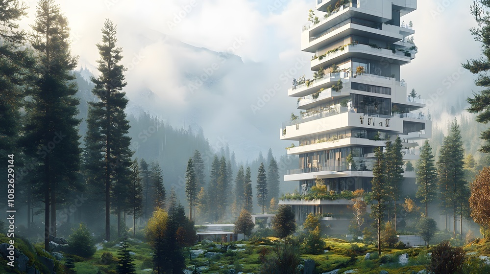 Poster a high-tech residential tower with symmetrical design elements, located in a remote forested area wi