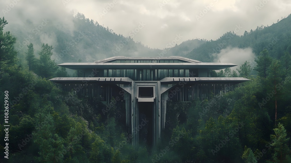 Poster a symmetrical villa built on the edge of a dense forest, showcasing futuristic architecture that mer