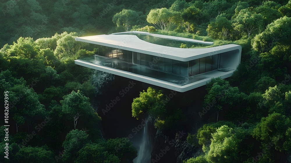 Poster a symmetrical villa built on the edge of a dense forest, showcasing futuristic architecture that mer