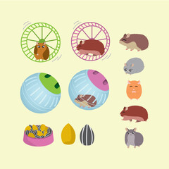 set of cute hamsters. eating, on his exercise wheel, conveyor ball, hamster food, vector illustration,