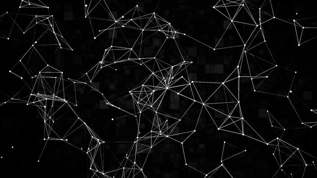 Black plexus background, tech background of lines and dots on black background, white lines, technological concept, 4k video, particle animation 