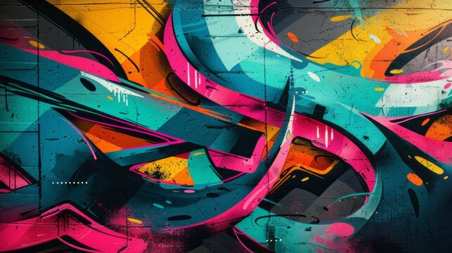 Fototapeta Vibrant graffiti background with shapes, creating an abstract design for street art. Graffiti wallpaper. Colorful street art urban graffiti illustration with scribbles, tagging, drips for wall art.