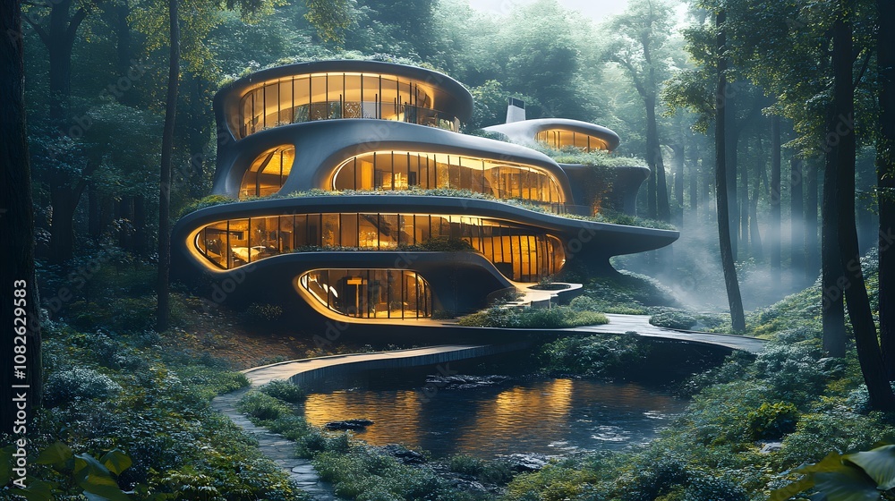 Aufkleber a smart home in the forest with sustainable architecture and technology-driven features, surrounded 