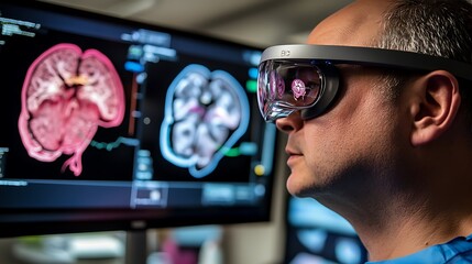 A medical professional wearing augmented reality glasses reviewing AI-generated 3D models of a patient's organs, preparing for a complex procedure