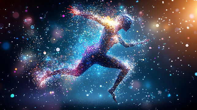 vibrant abstract representation of human figure in motion, created with swirling glowing colors and sparkling particles, conveying energy and dynamism