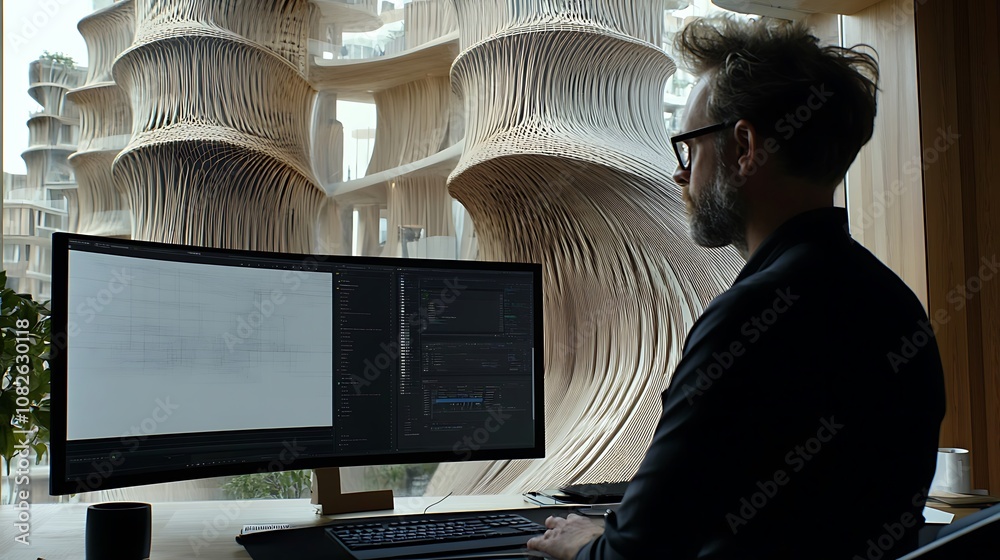 Aufkleber a person working at a computer in a modern workspace with unique architectural features.