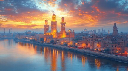 Obraz premium Cityscape with minarets and river at sunset.