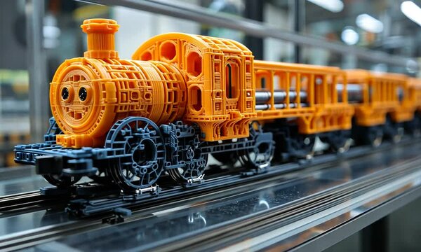 A vibrant orange toy train model on tracks, showcasing intricate design and engineering.